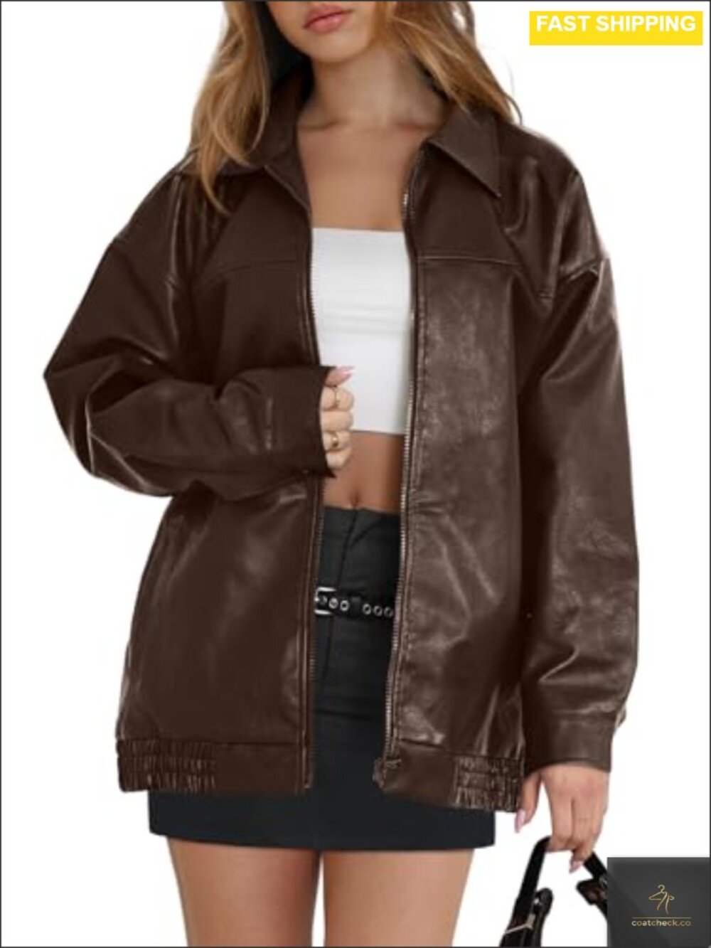 Faux Leather Oversized Moto Jacket Long Sleeve Zip